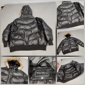 Rocawear Womens 3X 3XL Black Goose Fur Hooded Puffer Jacket Coat Bomber Y2K VTG